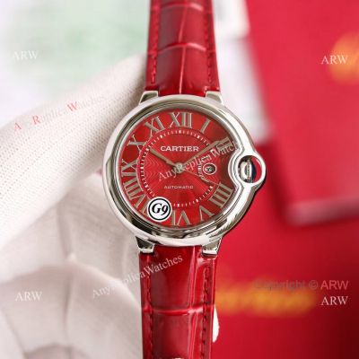Copy Balloon Bleu Cartier Citizen Watch Red Dial Red Leather Strap